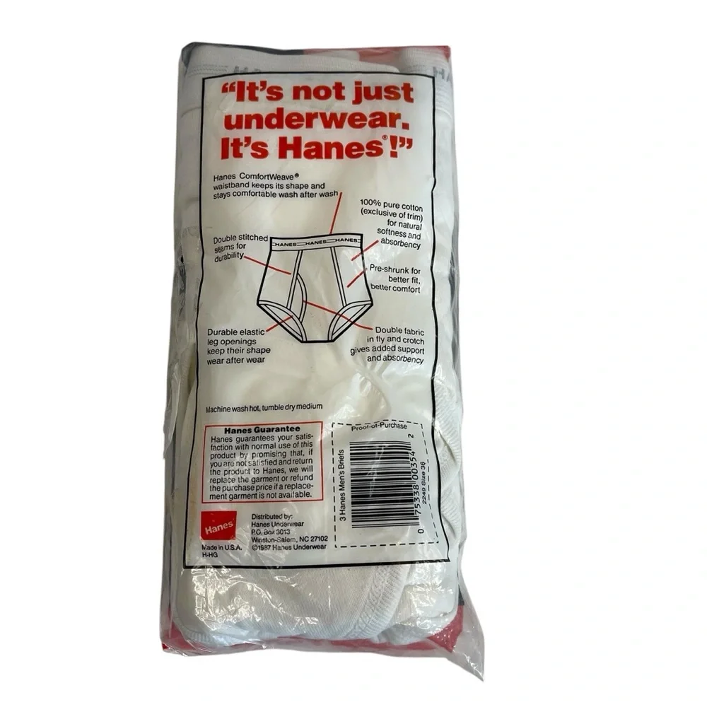 Vintage NOS 1987 HANES MENS Sz 36 Briefs White 3 Pack Tighty Whities Made In USA - Picture 6 of 8